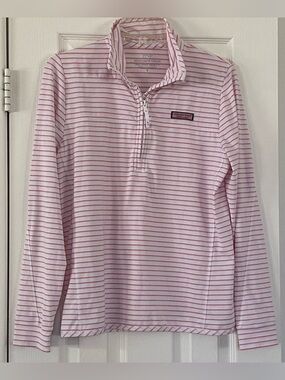 Vineyard Vines The Shep Pink & White Striped Quarter-Zip Pullover Long Sleeve